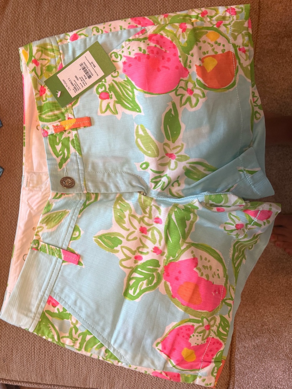 Lilly Pulitzer Light Blue Shorts with Pink & Lime Floral Print